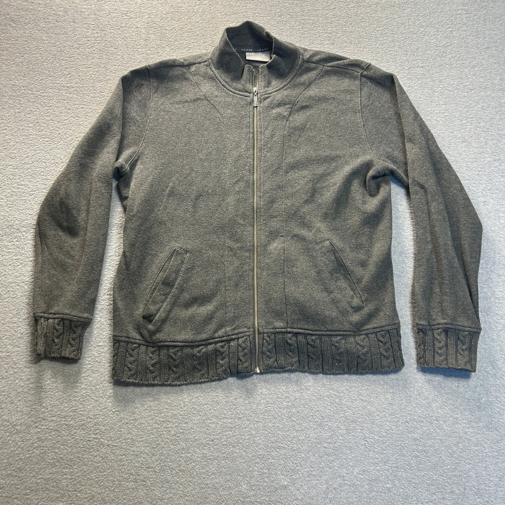 Liz Claiborne Liz & Co Full Zip Sweater Womens M Gray Jacket Cotton Mock Neck